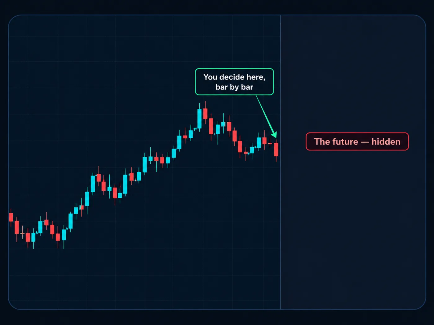 An illustration: replay a past chart candle by candle and log each trade before moving on.