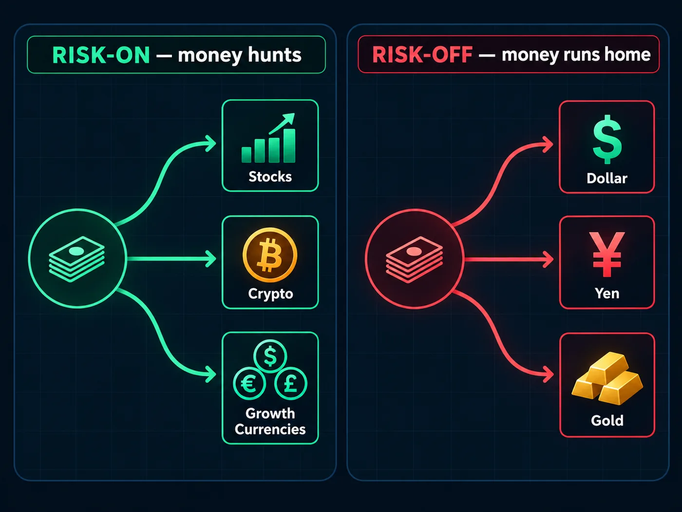 An illustration of risk-on and risk-off: big news can shift the mood across many markets at once.